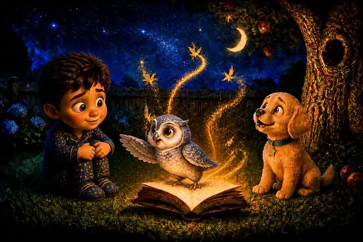 A story slide from The Starlight Keeper showing the child hero and their dog beside a glowing storybook